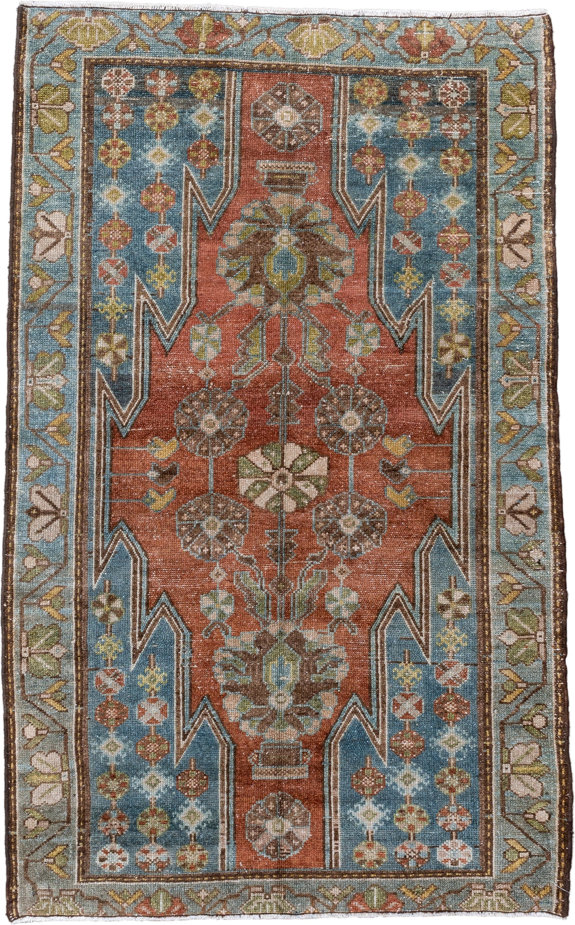 2' x 4' one-of-a-kind handmade vintage Malayer small size rug. Color palette: terra cotta, sky blue, ivory, olive, brown