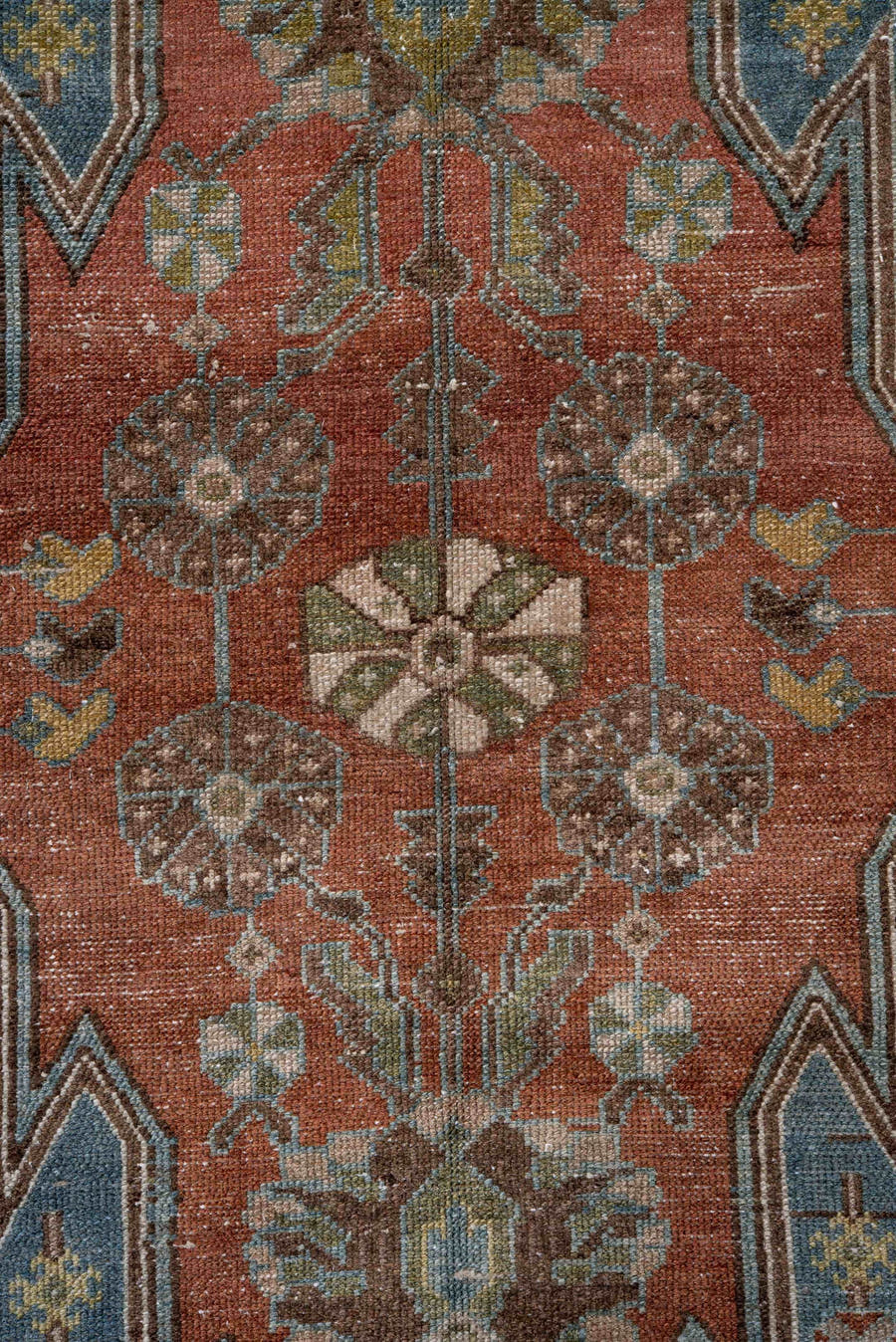 2' x 4' one-of-a-kind handmade vintage Malayer small size rug. Color palette: terra cotta, sky blue, ivory, olive, brown