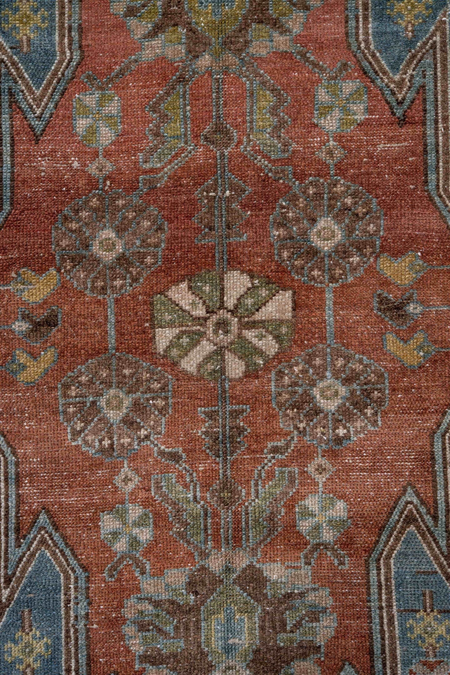 2' x 4' one-of-a-kind handmade vintage Malayer small size rug. Color palette: terra cotta, sky blue, ivory, olive, brown