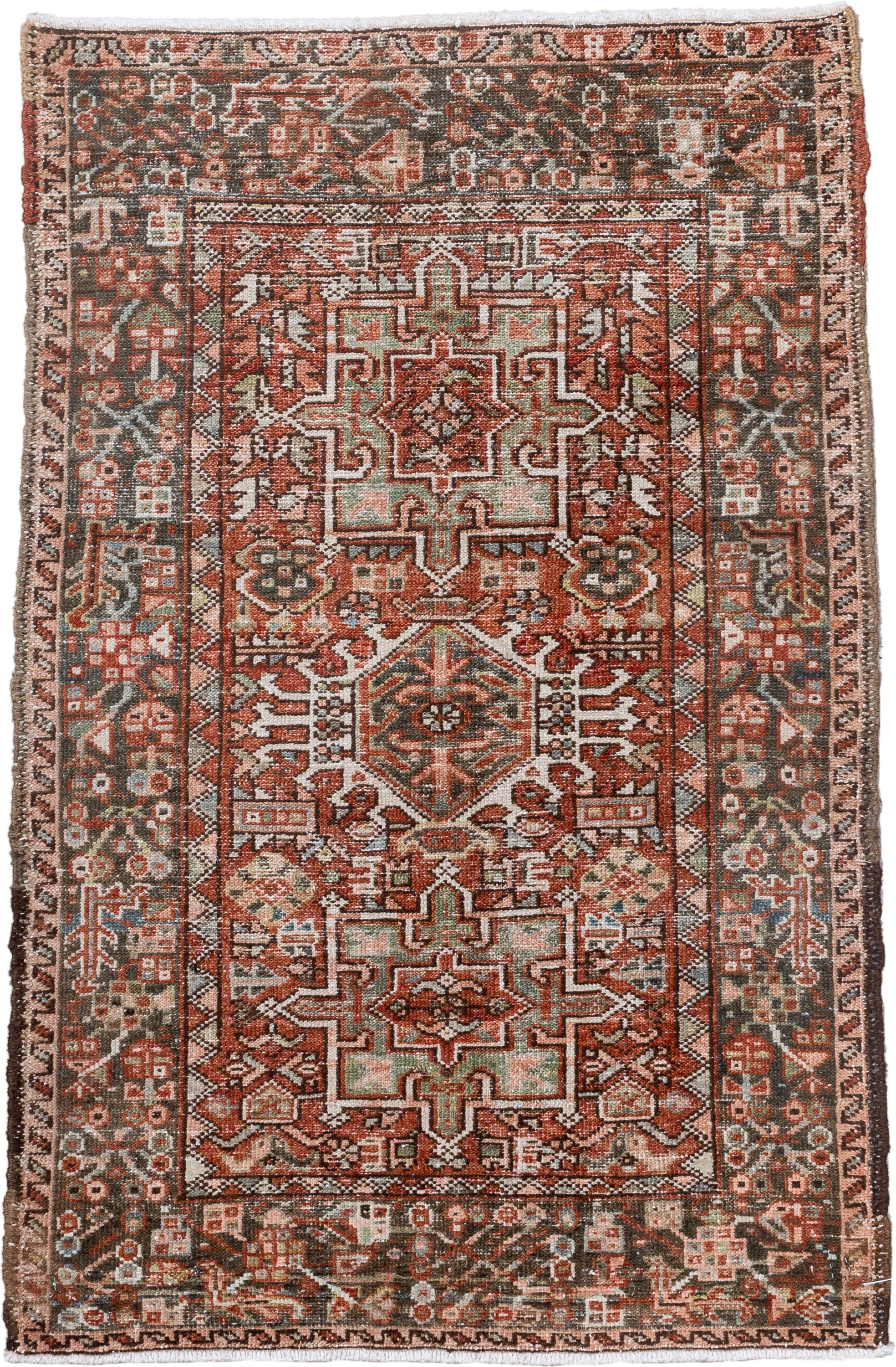 2' x 3' one-of-a-kind handmade antique Karaje small size rug. Color palette: rust, charcoal, ivory, sage, terra cotta, taupe