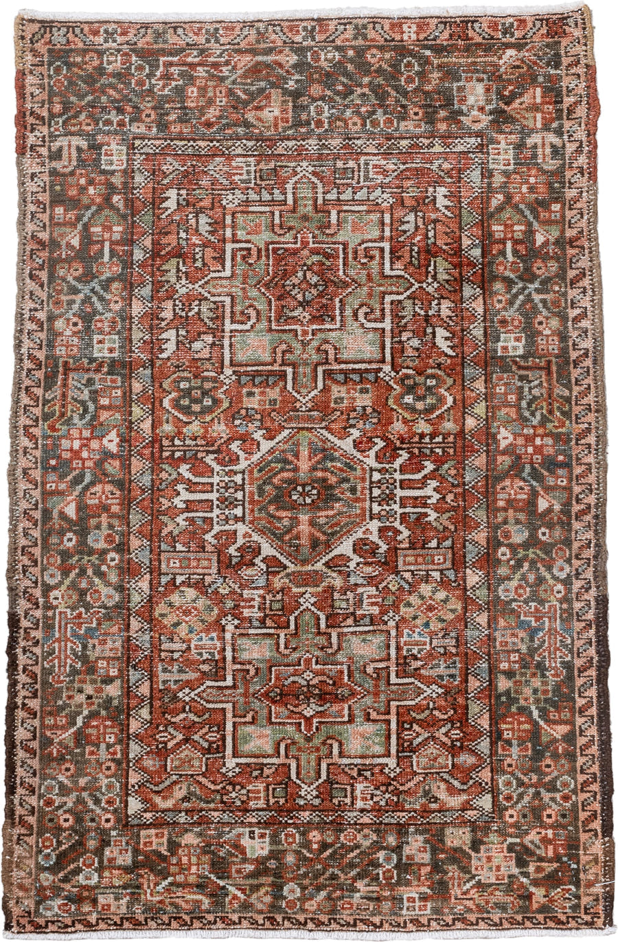 2' x 3' one-of-a-kind handmade antique Karaje small size rug. Color palette: rust, charcoal, ivory, sage, terra cotta, taupe