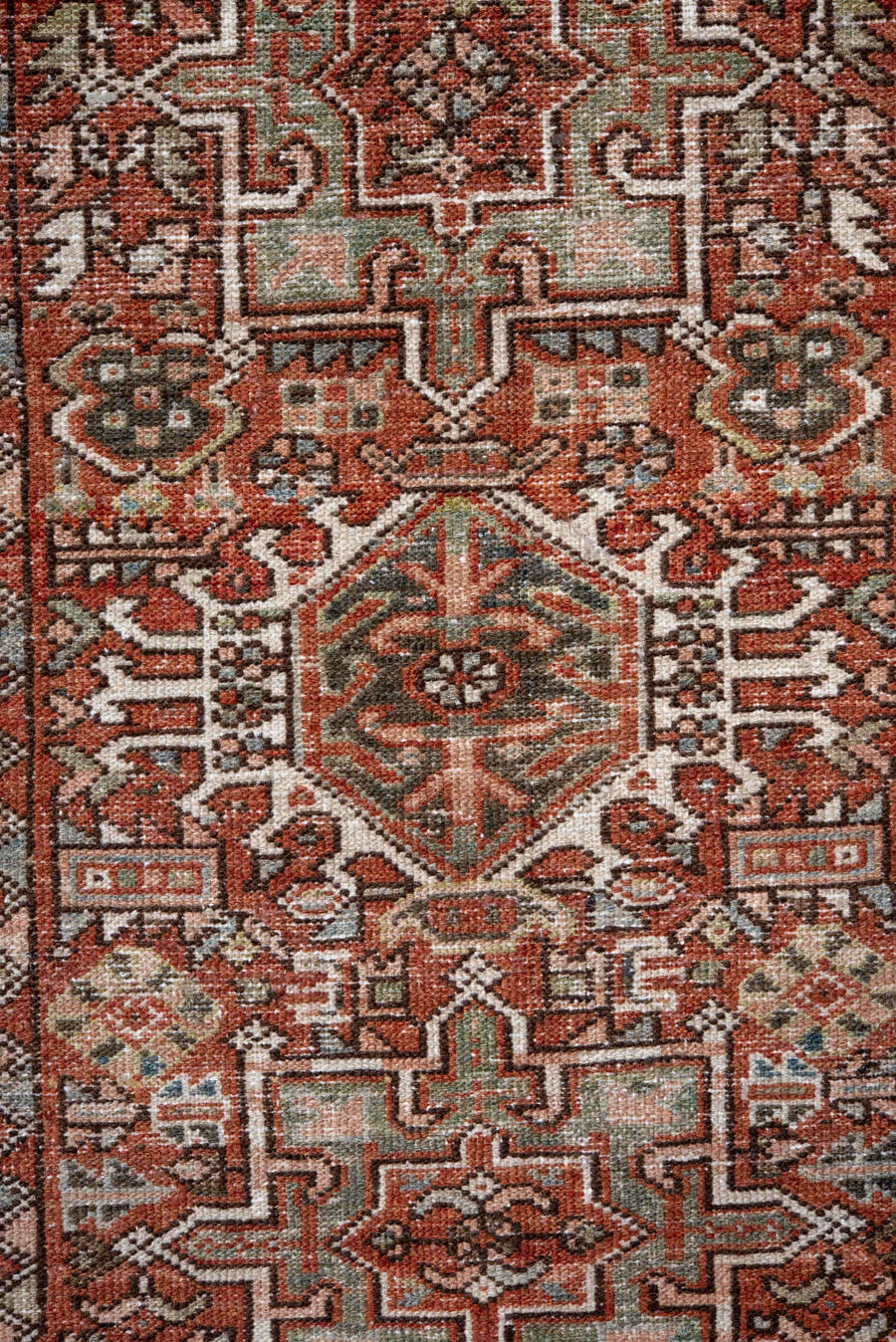 2' x 3' one-of-a-kind handmade antique Karaje small size rug. Color palette: rust, charcoal, ivory, sage, terra cotta, taupe