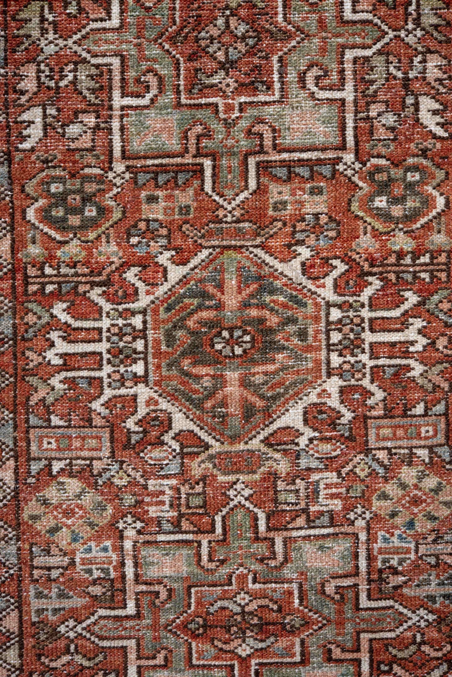 2' x 3' one-of-a-kind handmade antique Karaje small size rug. Color palette: rust, charcoal, ivory, sage, terra cotta, taupe