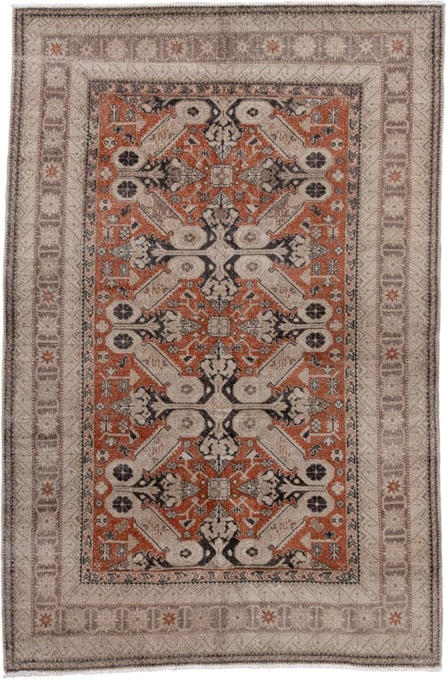 4' x 6' one-of-a-kind handmade vintage Irvan small size rug. Color palette: ivory, terra cotta, taupe, charcoal, brown, rust