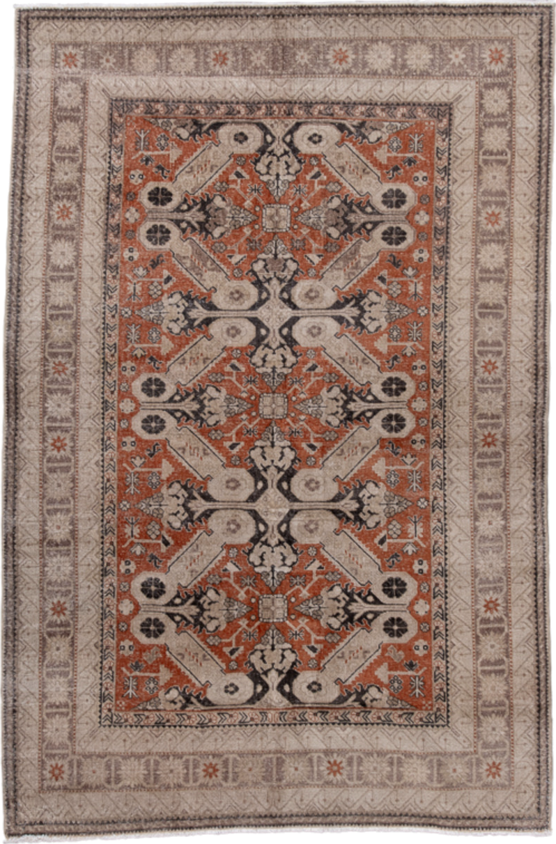 4' x 6' one-of-a-kind handmade vintage Irvan small size rug. Color palette: ivory, terra cotta, taupe, charcoal, brown, rust