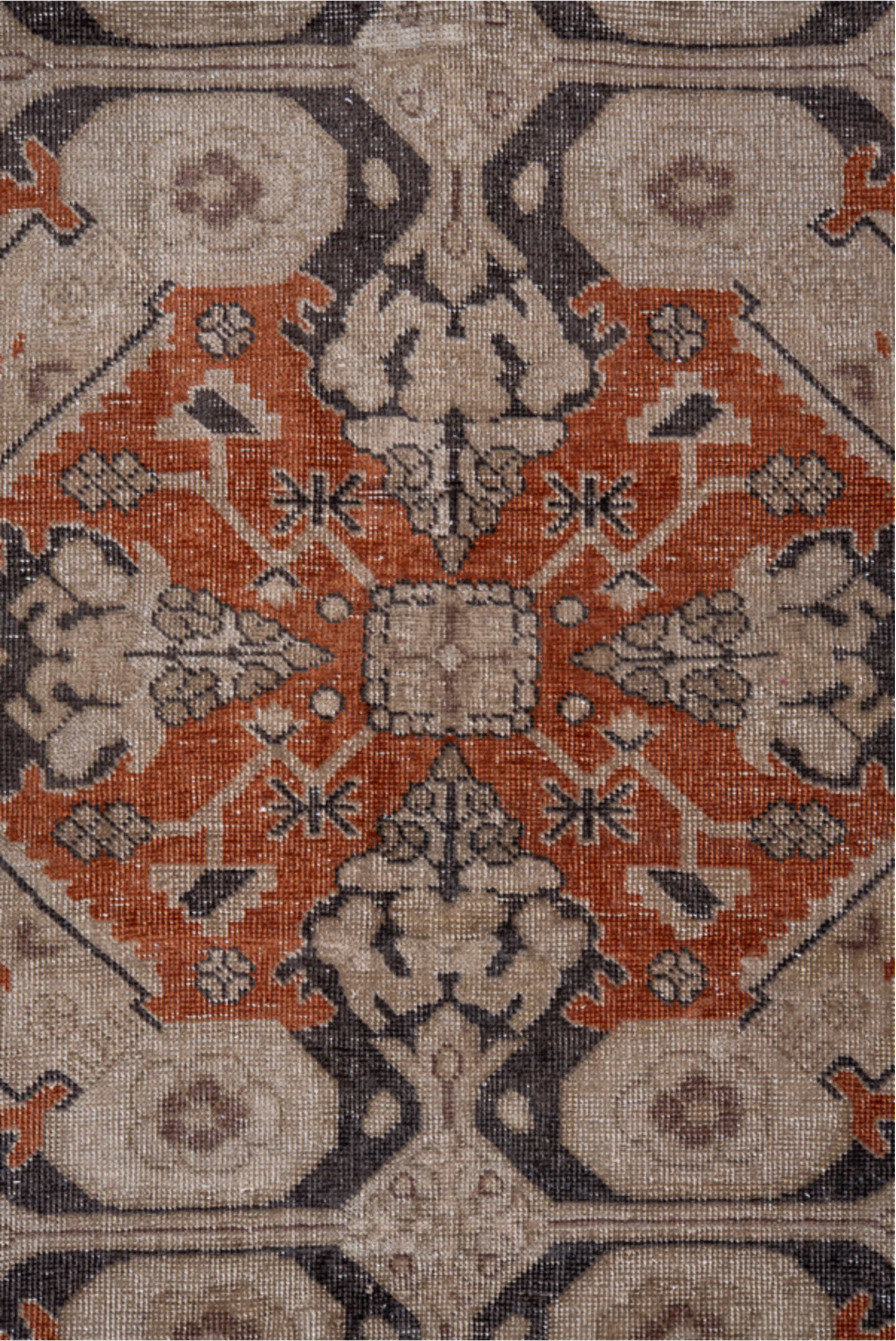 4' x 6' one-of-a-kind handmade vintage Irvan small size rug. Color palette: ivory, terra cotta, taupe, charcoal, brown, rust