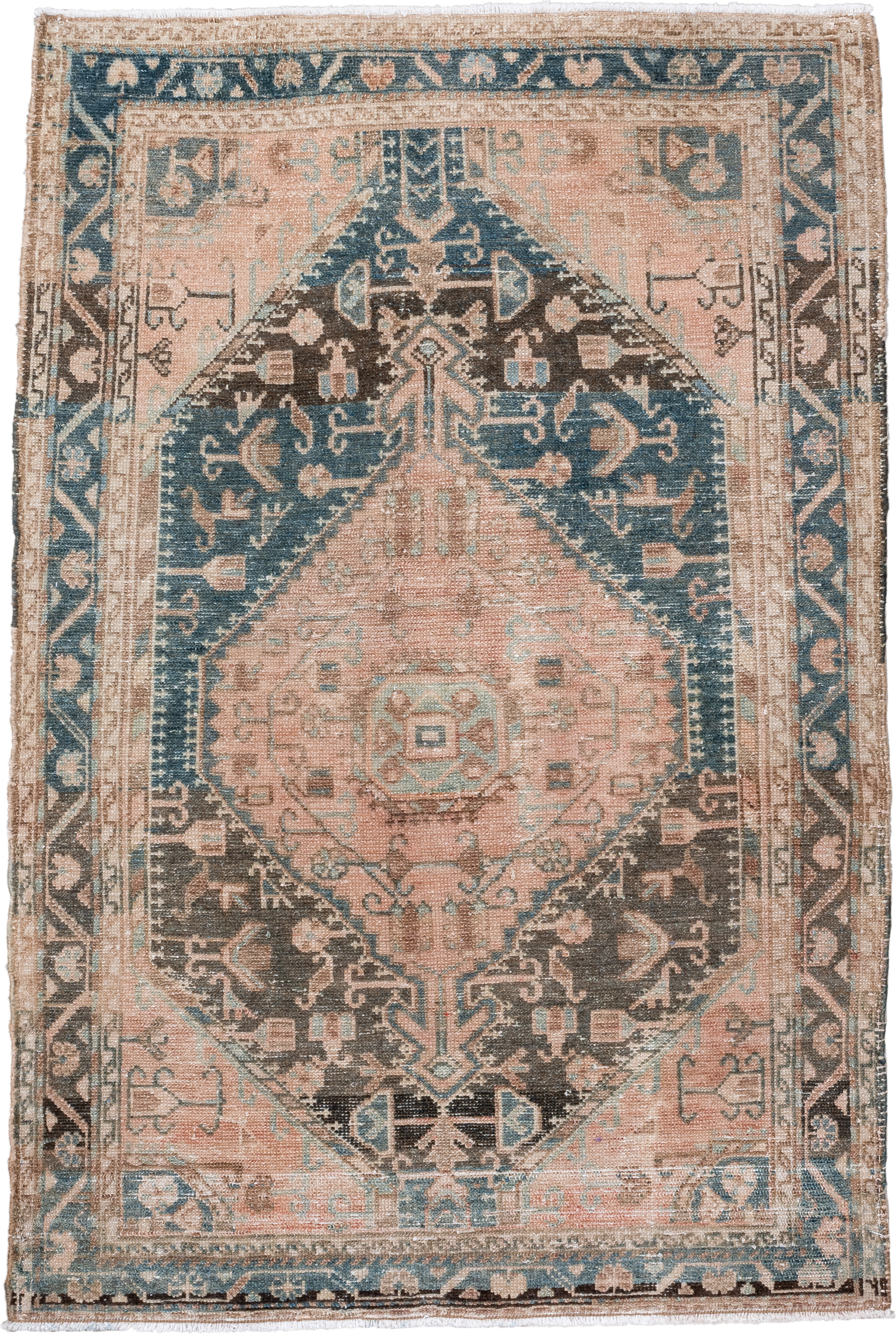 2' x 4' one-of-a-kind handmade vintage Hamadan small size rug. Color palette: blush, ivory, teal, brown, camel, charcoal