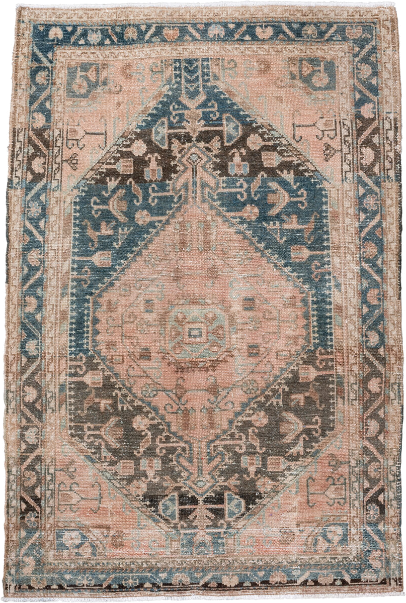 2' x 4' one-of-a-kind handmade vintage Hamadan small size rug. Color palette: blush, ivory, teal, brown, camel, charcoal