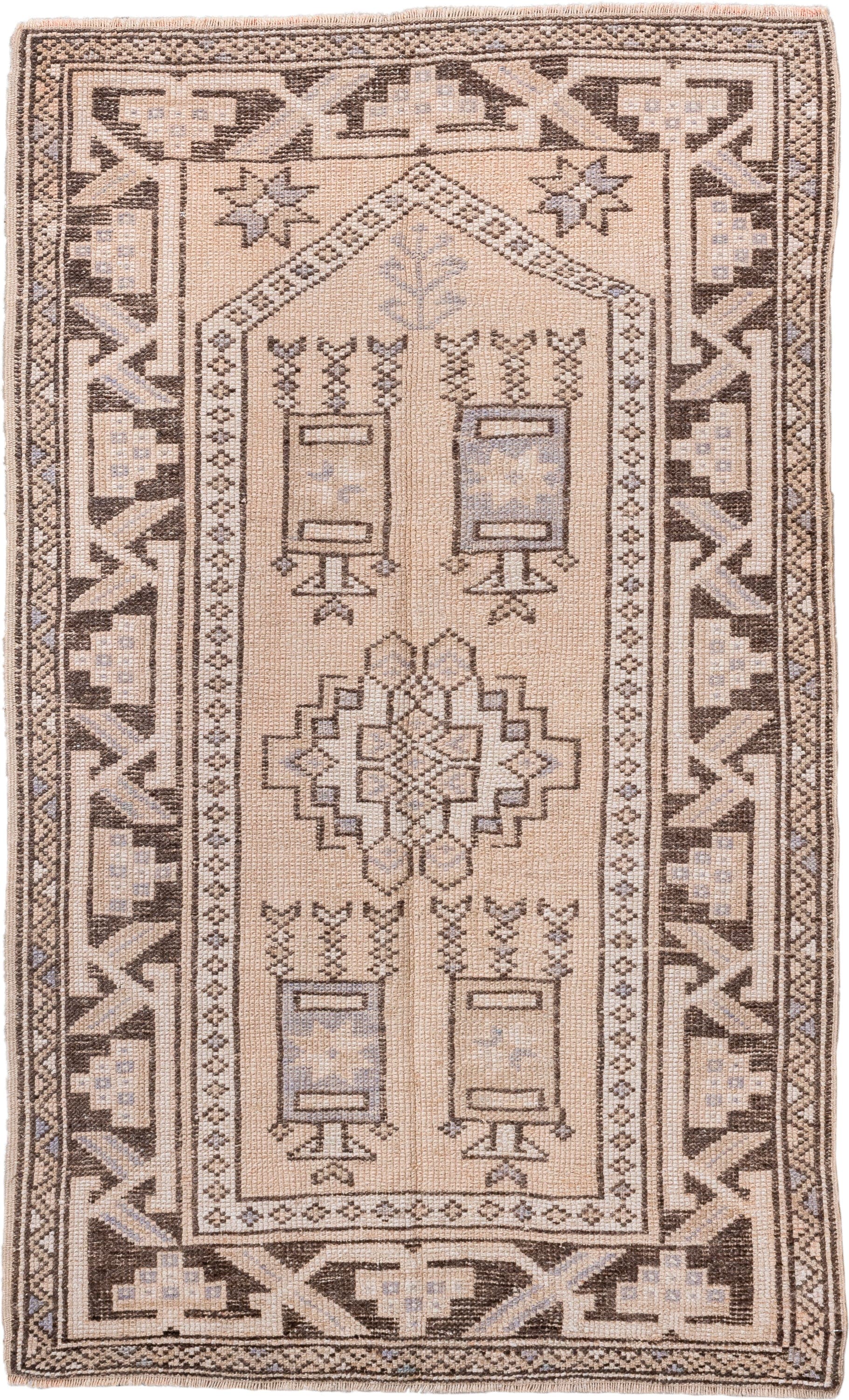 2' x 4' one-of-a-kind handmade antique Oushak small size rug. Color palette: ivory, taupe, brown, pale blue, beige, gray