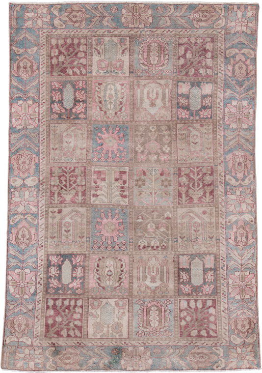 4' x 6' one-of-a-kind handmade antique Baktiary small size rug. Color palette: ivory, sky blue, rose, taupe, dusty pink