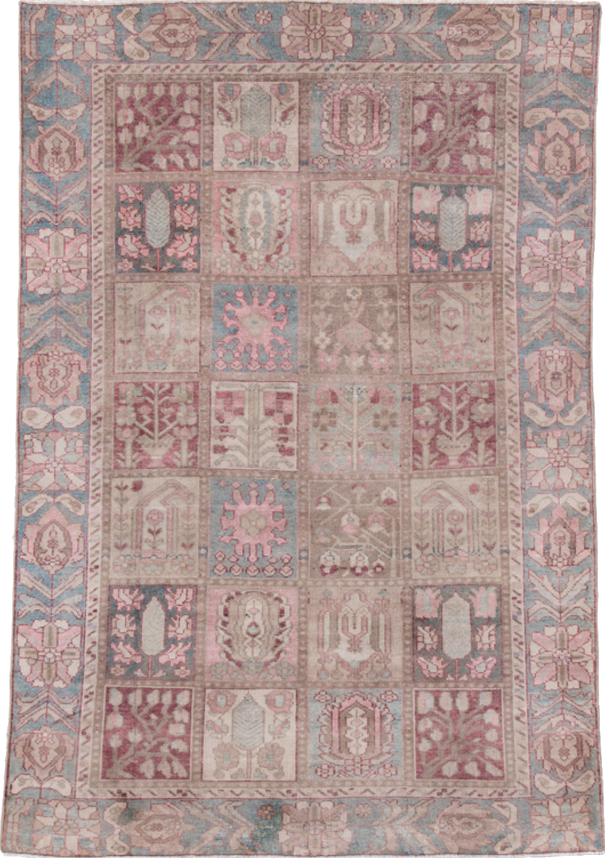 4' x 6' one-of-a-kind handmade vintage Baktiary small size rug. Color palette: dim gray, gray, light gray, pink, rosy brown
