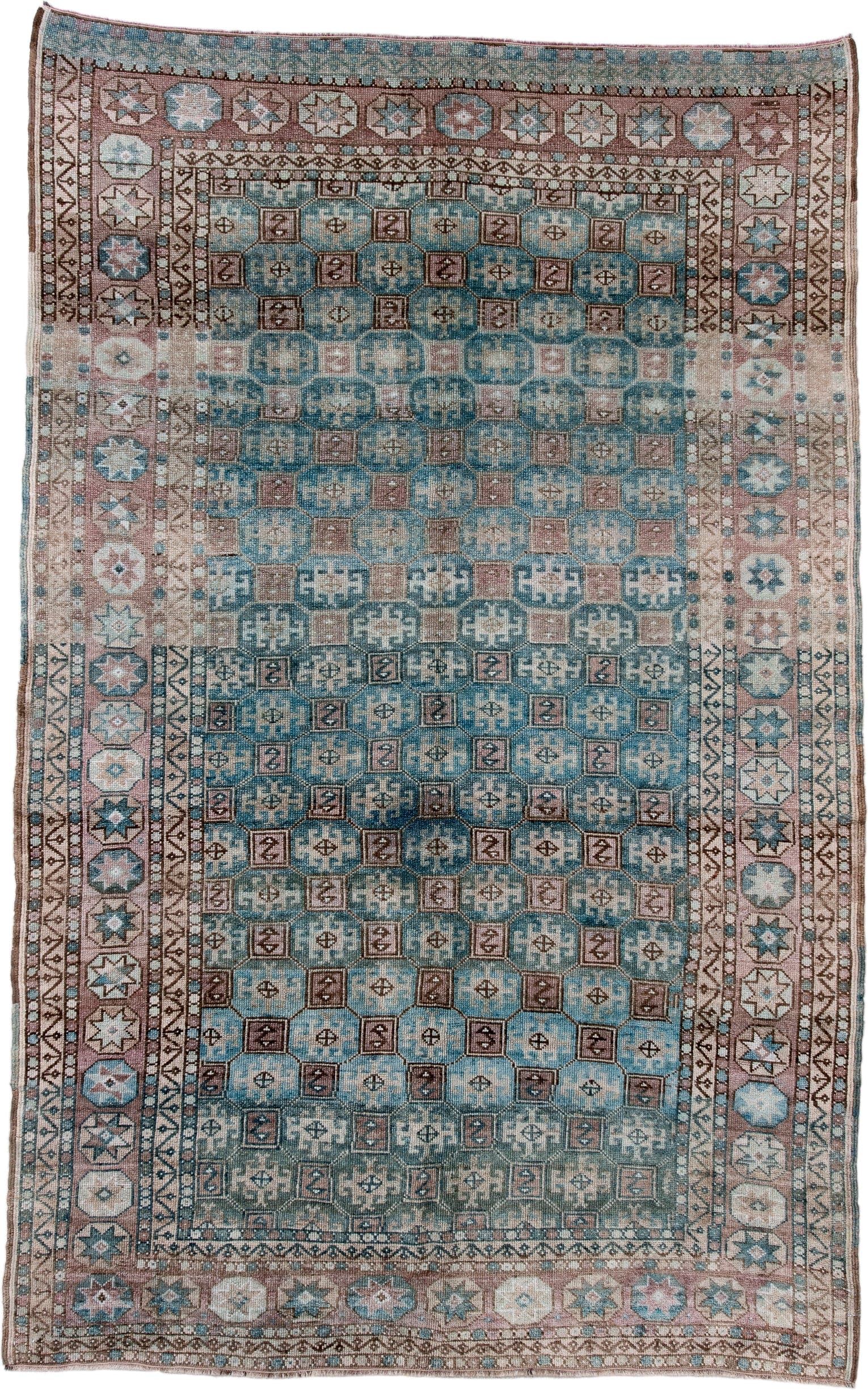 5' x 8' one-of-a-kind handmade antique Oushak medium size rug. Color palette: turquoise, blush, ivory, brown, taupe, slate