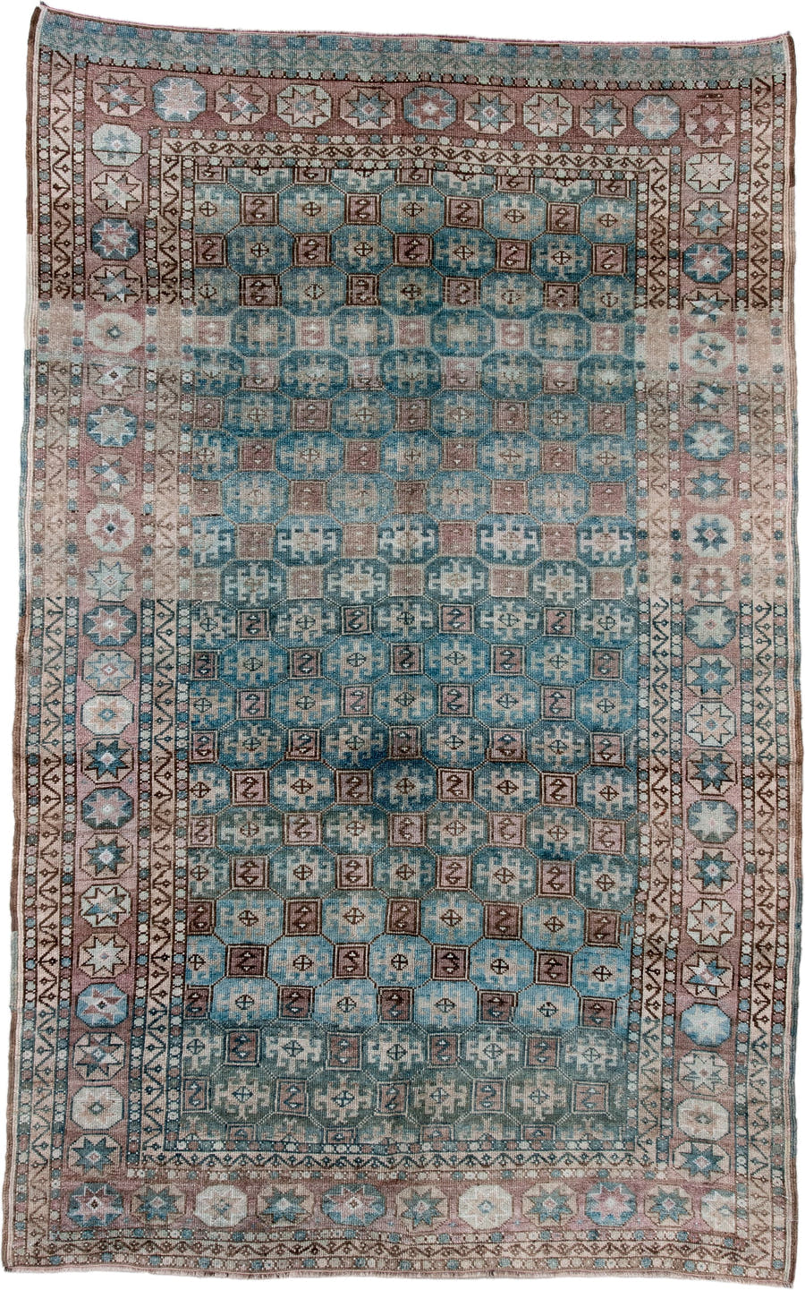 5' x 8' one-of-a-kind handmade antique Oushak medium size rug. Color palette: turquoise, blush, ivory, brown, taupe, slate