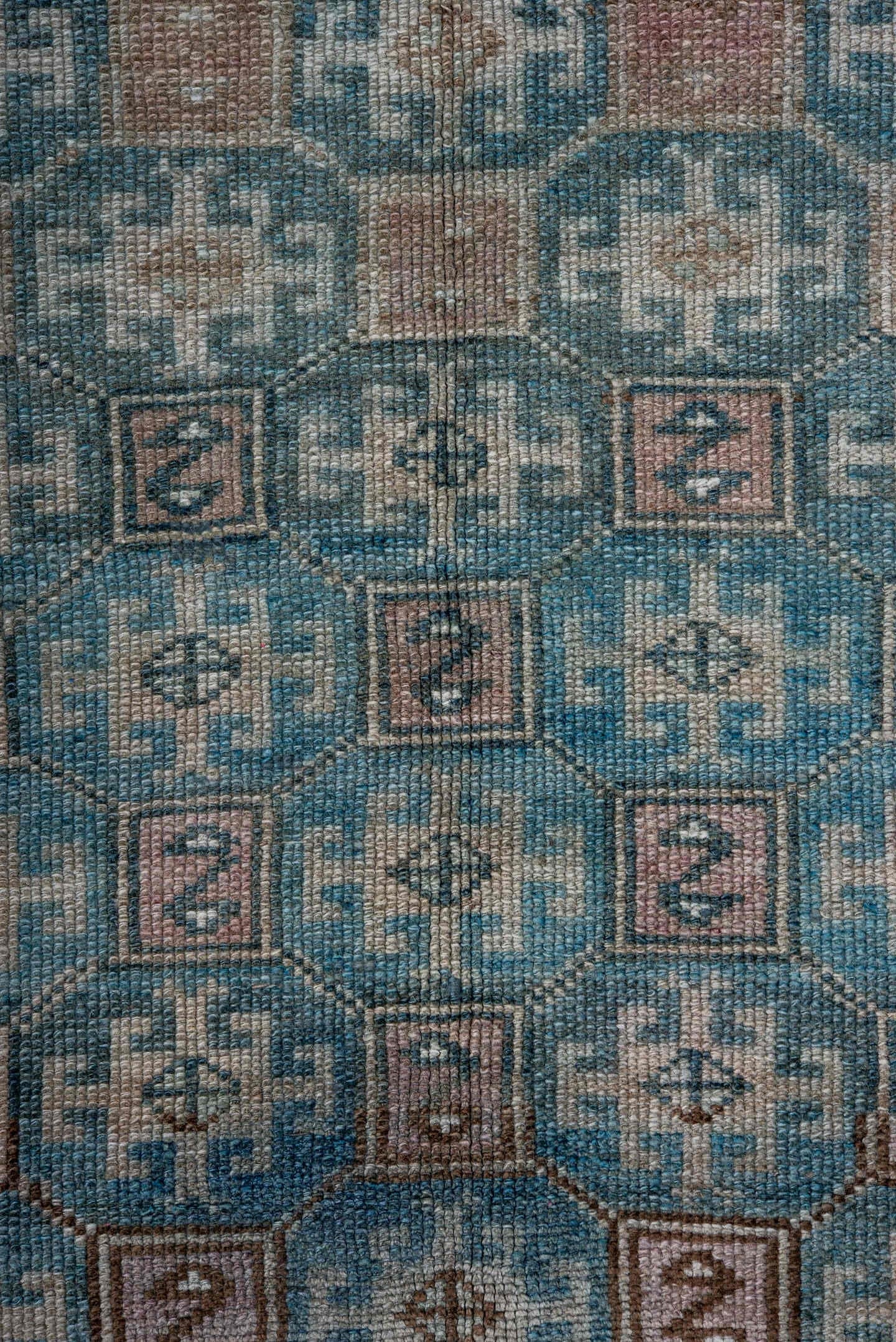 5' x 8' one-of-a-kind handmade antique Oushak medium size rug. Color palette: turquoise, blush, ivory, brown, taupe, slate