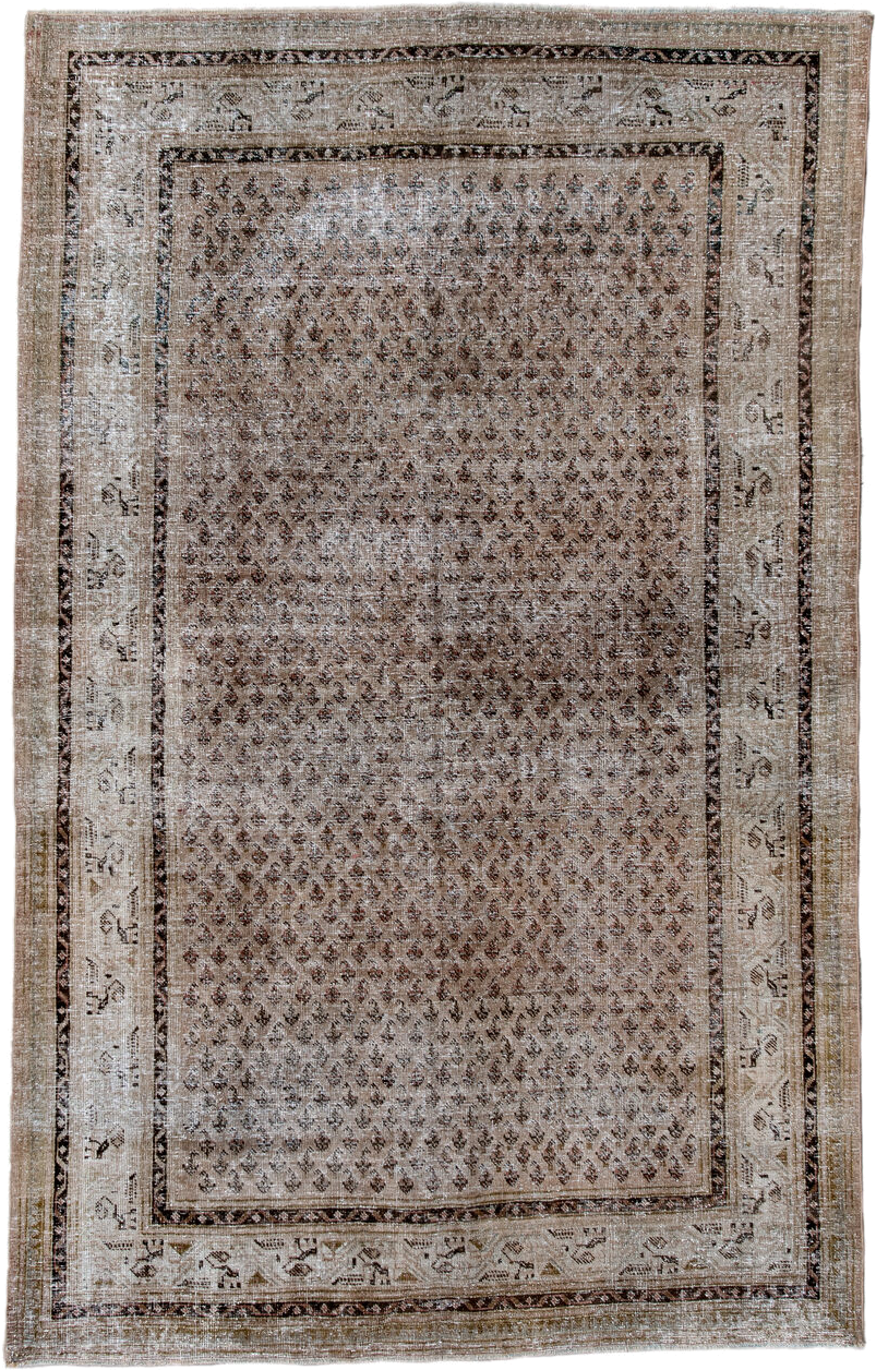 5' x 8' one-of-a-kind handmade antique Saraband medium size rug. Color palette: taupe, ivory, brown, charcoal, beige, gray