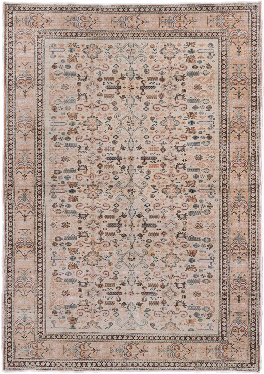 5' x 7' one-of-a-kind handmade antique Kaisary rug. Color palette: ivory, blush, taupe, pale blue, brown, camel, charcoal