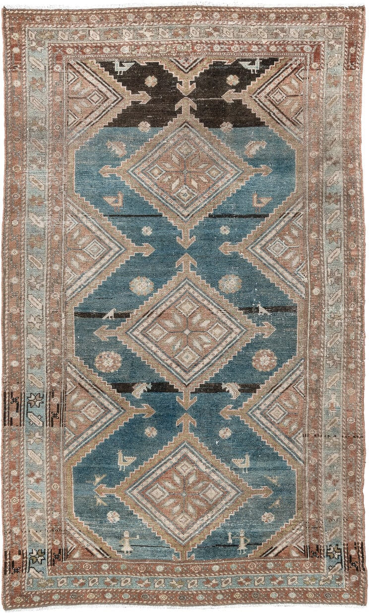 4' x 6' one-of-a-kind handmade antique Hamadan rug. Color palette: blue, terra cotta, ivory, taupe, charcoal, camel