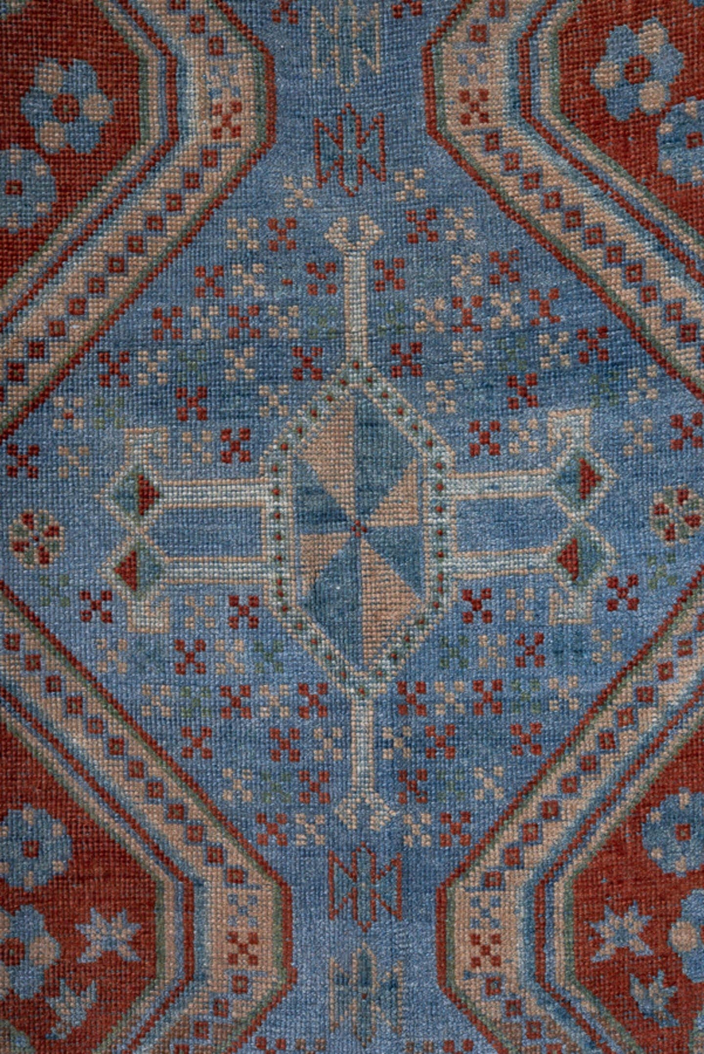 5' x 7' one-of-a-kind handmade antique Afshar rug. Color palette: rust, sky blue, ivory, slate, brick, camel, terracotta