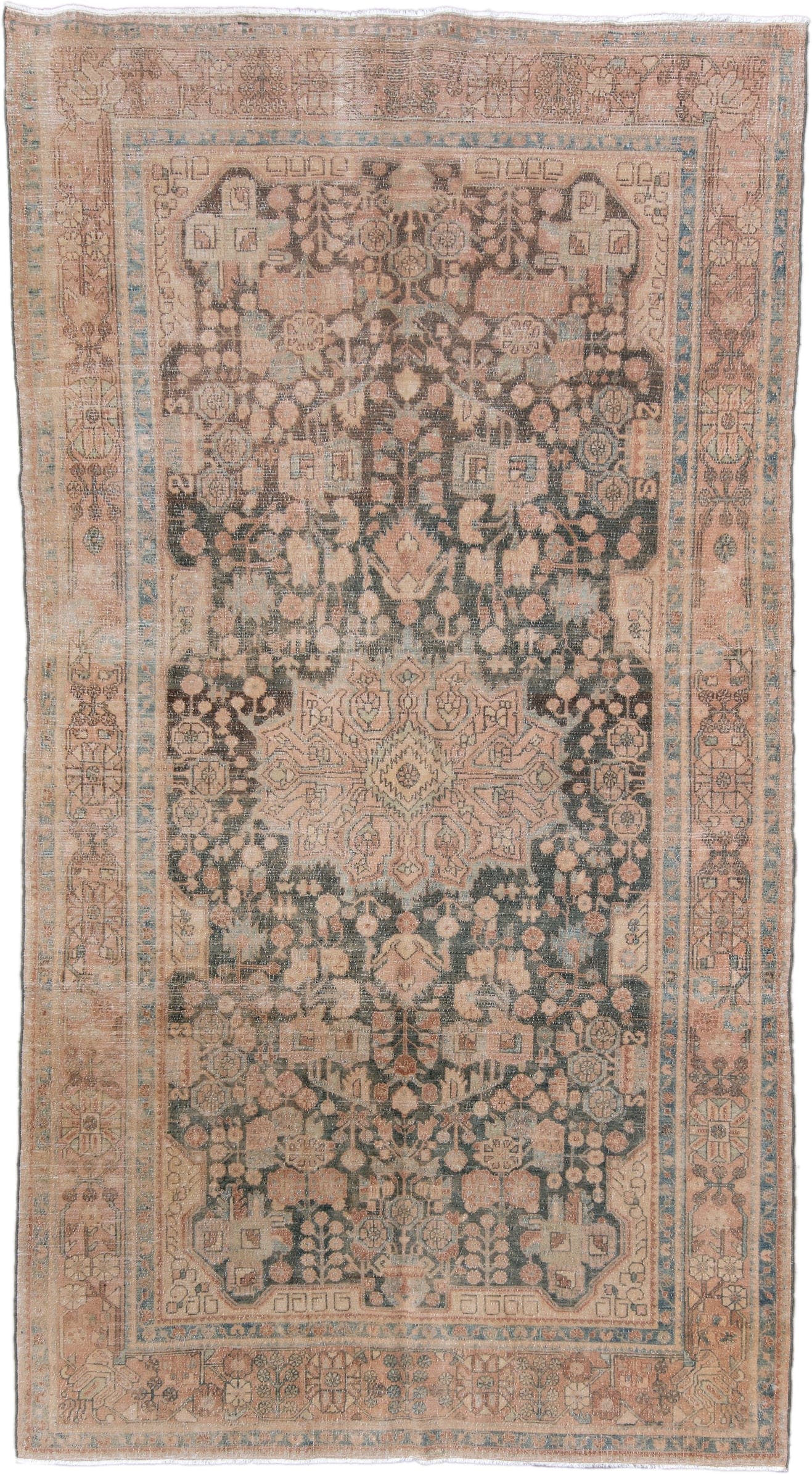 5' x 10' one-of-a-kind handmade vintage Malayer medium size rug. Color palette: blush, charcoal, ivory, sky_blue, taupe