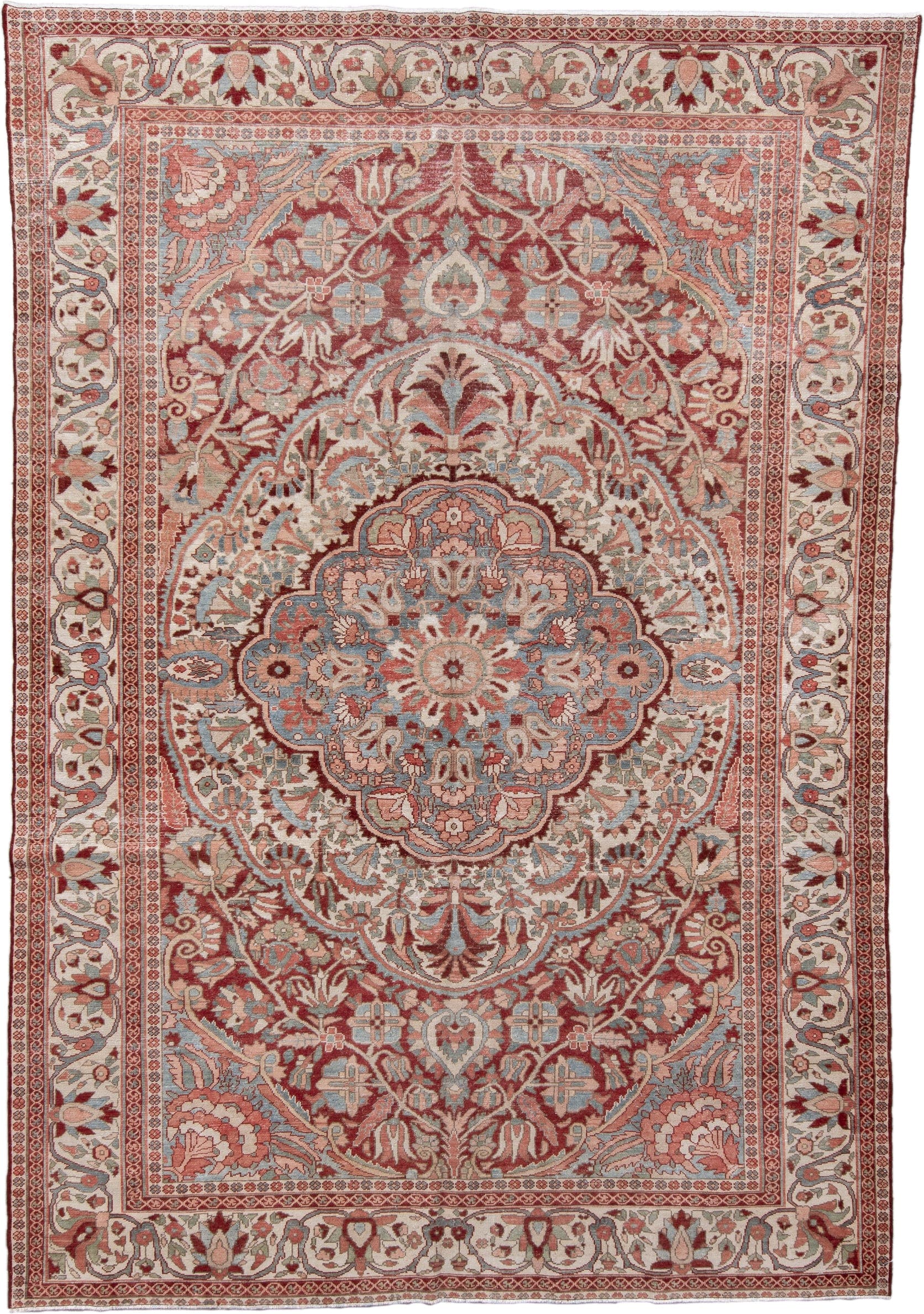 7' x 10' one-of-a-kind handmade vintage Baktiary large size rug. Color palette: ivory, rose, light blue, rust, burgundy