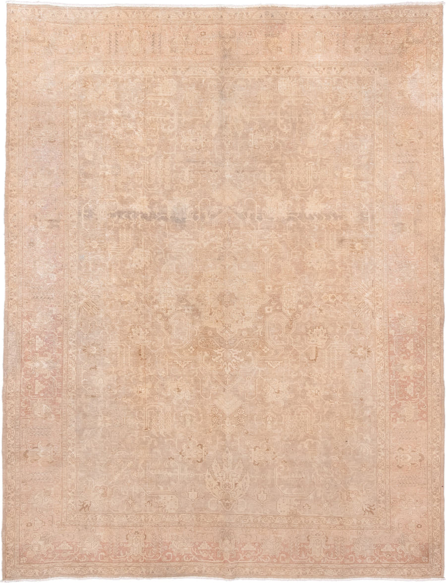 9' x 12' one-of-a-kind handmade antique Tabriz large size rug. Color palette: ivory, blush, taupe, sand, beige, pale rose