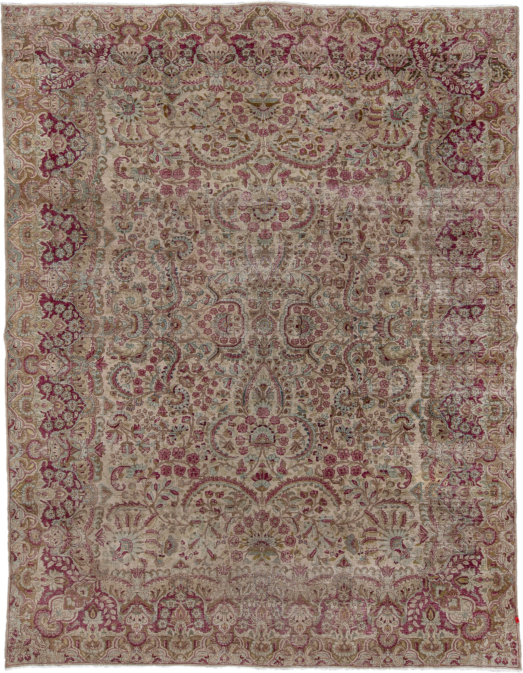 9' x 11' one-of-a-kind handmade vintage Kerman large size rug. Color palette: ivory, rose, burgundy, taupe, beige, pale blue