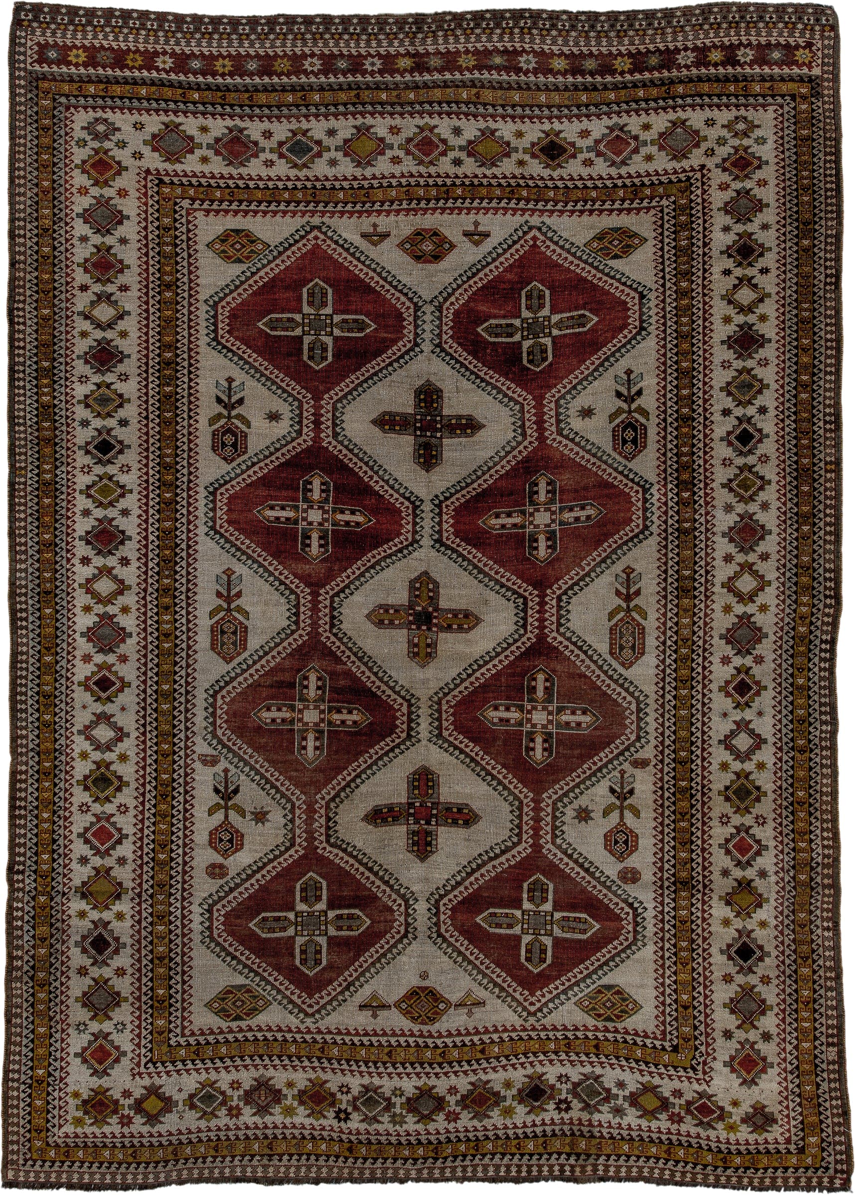 7' x 10' one-of-a-kind handmade vintage Yalameh large size rug. Color palette: ivory, rust, burgundy, gold, charcoal, taupe