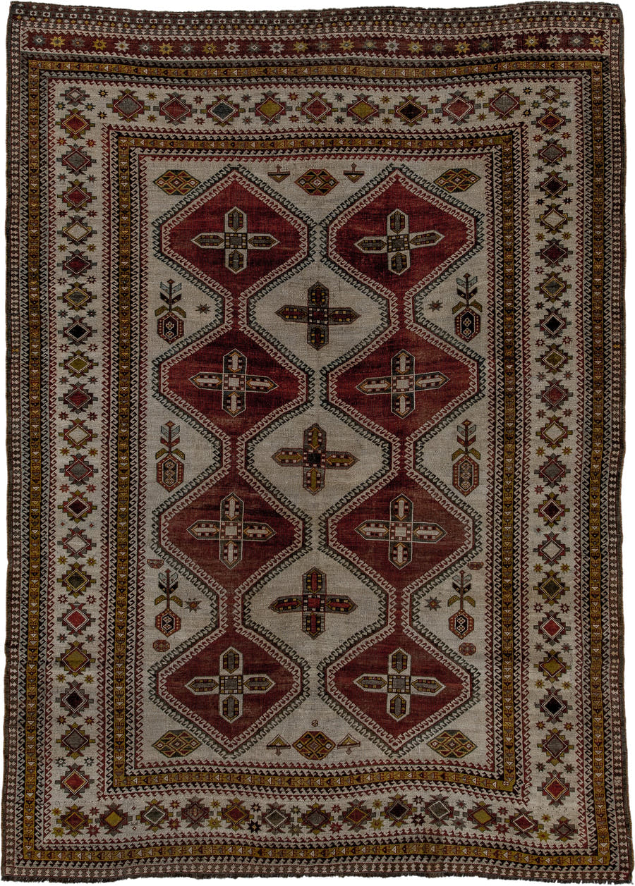 7' x 10' one-of-a-kind handmade vintage Yalameh large size rug. Color palette: ivory, rust, burgundy, gold, charcoal, taupe
