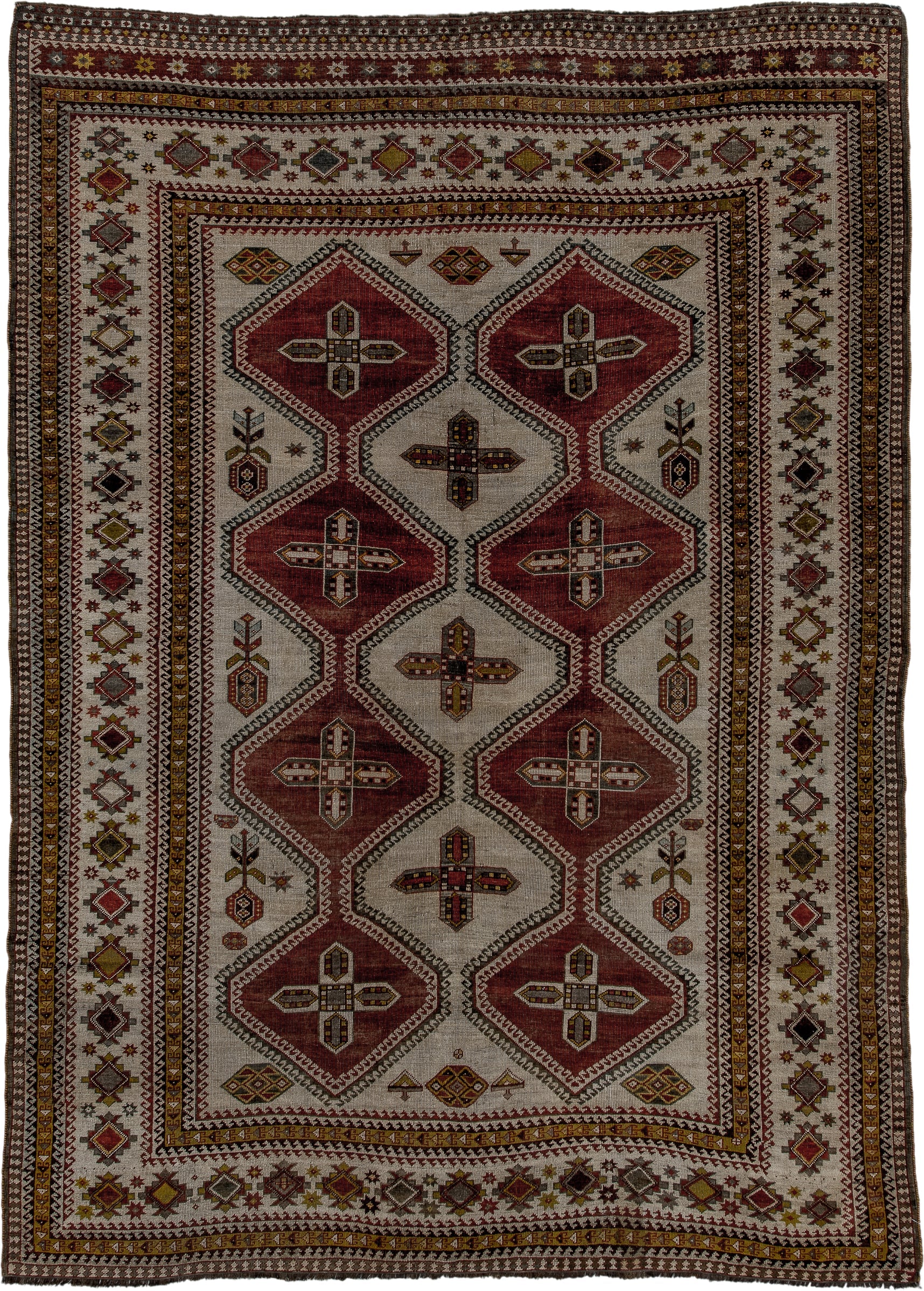 7' x 10' one-of-a-kind handmade vintage Yalameh large size rug. Color palette: ivory, rust, burgundy, gold, charcoal, taupe