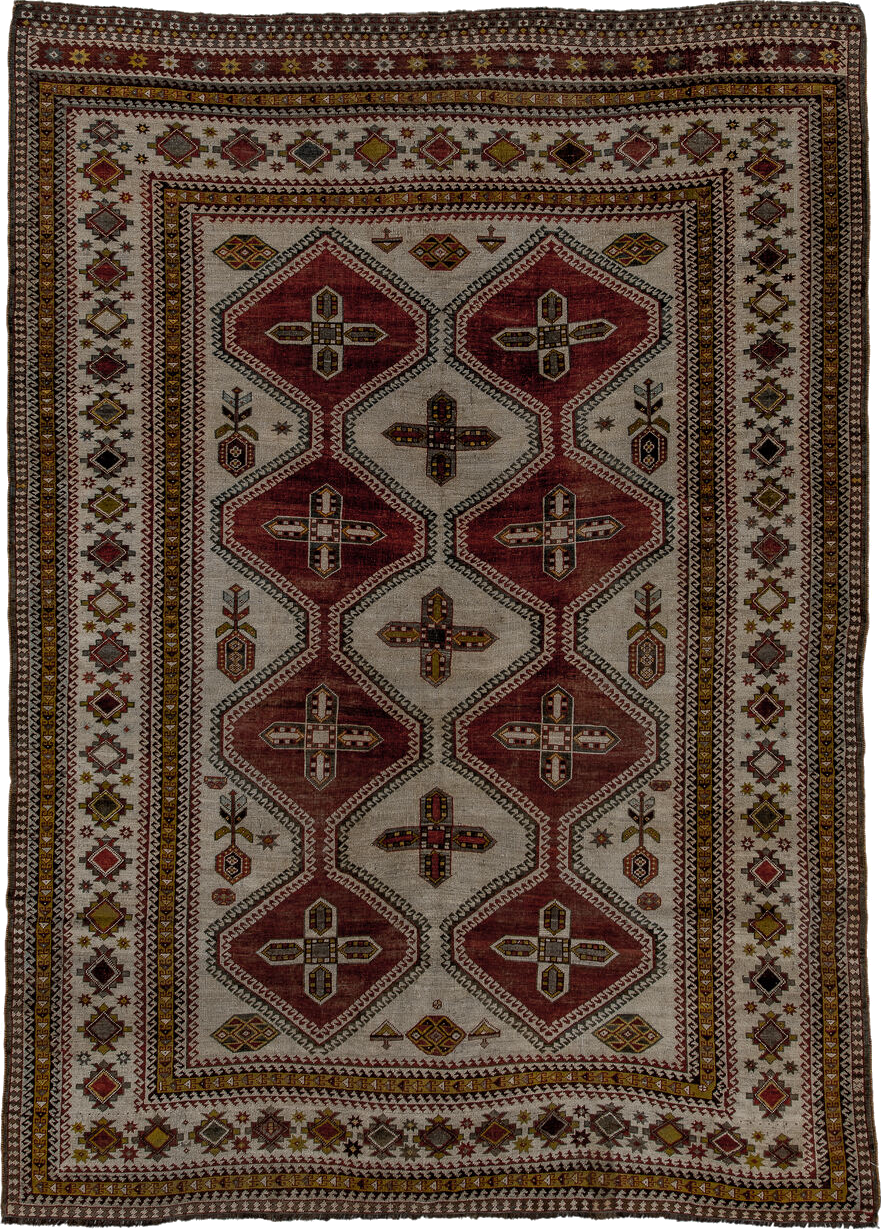 7' x 10' one-of-a-kind handmade vintage Yalameh large size rug. Color palette: brown, gray, light gray, off-white, pink, red