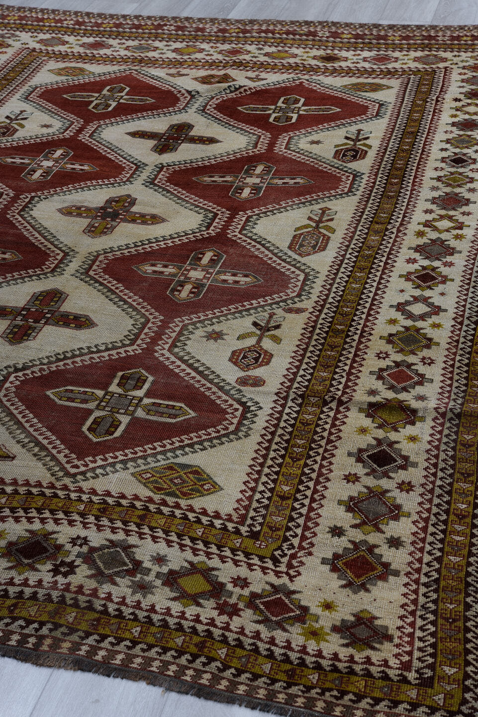 7' x 10' one-of-a-kind handmade vintage Yalameh large size rug. Color palette: ivory, rust, burgundy, gold, charcoal, taupe