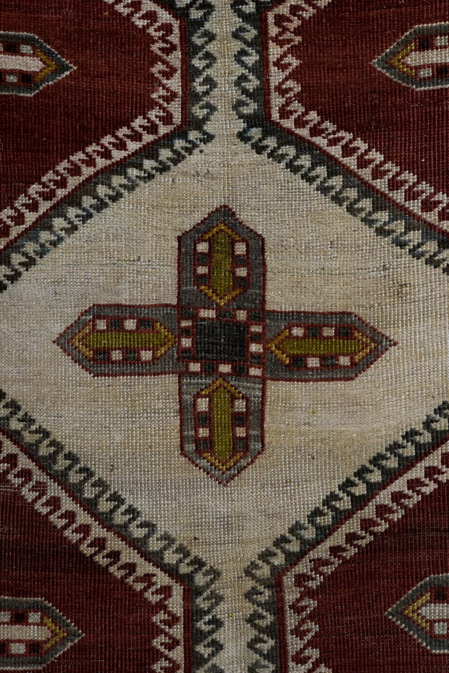 7' x 10' one-of-a-kind handmade vintage Yalameh large size rug. Color palette: ivory, rust, burgundy, gold, charcoal, taupe