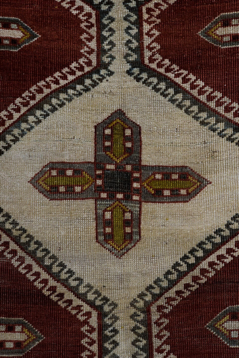 7' x 10' one-of-a-kind handmade vintage Yalameh large size rug. Color palette: ivory, rust, burgundy, gold, charcoal, taupe