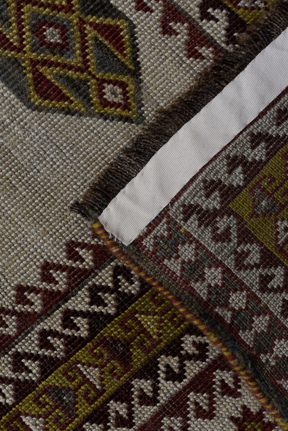 7' x 10' one-of-a-kind handmade vintage Yalameh large size rug. Color palette: ivory, rust, burgundy, gold, charcoal, taupe