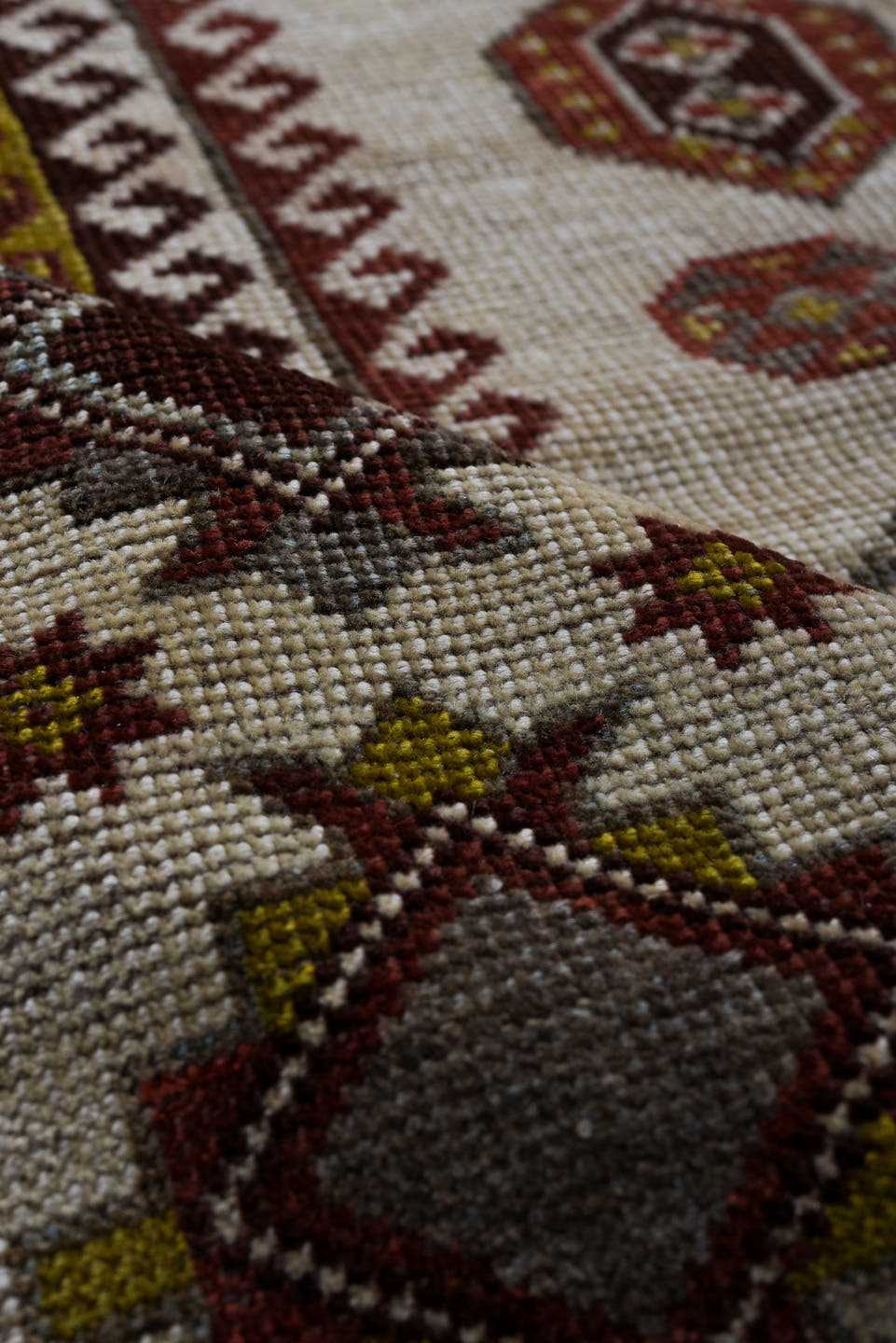 7' x 10' one-of-a-kind handmade vintage Yalameh large size rug. Color palette: ivory, rust, burgundy, gold, charcoal, taupe