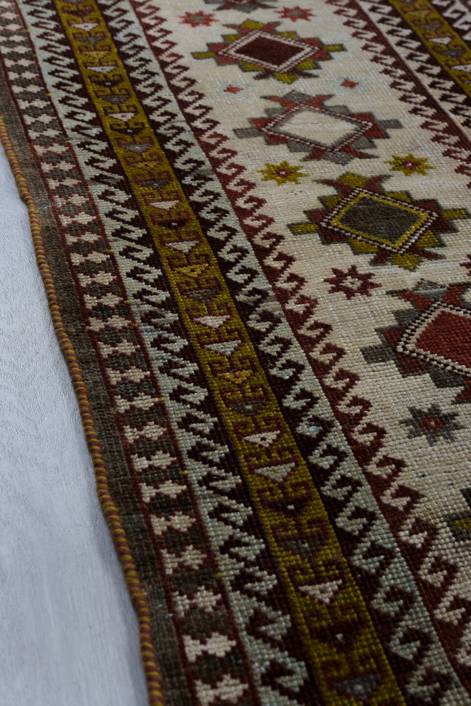 7' x 10' one-of-a-kind handmade vintage Yalameh large size rug. Color palette: ivory, rust, burgundy, gold, charcoal, taupe
