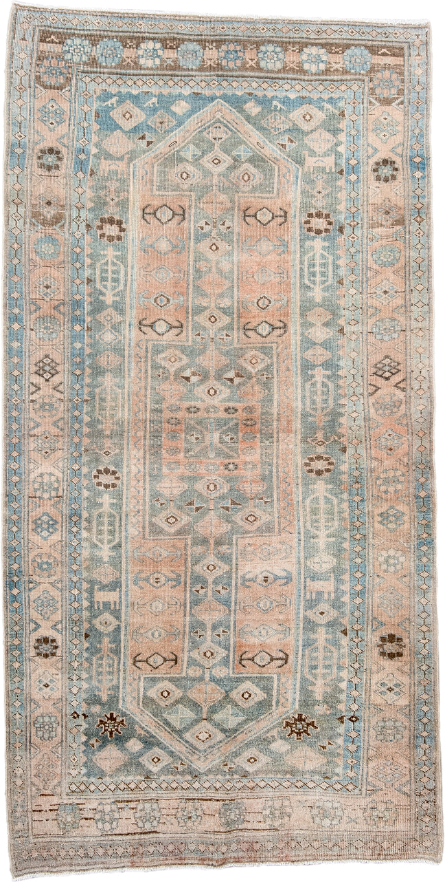 3' x 7' one-of-a-kind handmade antique Bidjar rug. Color palette: sky blue, ivory, blush, taupe, brown, camel, light blue