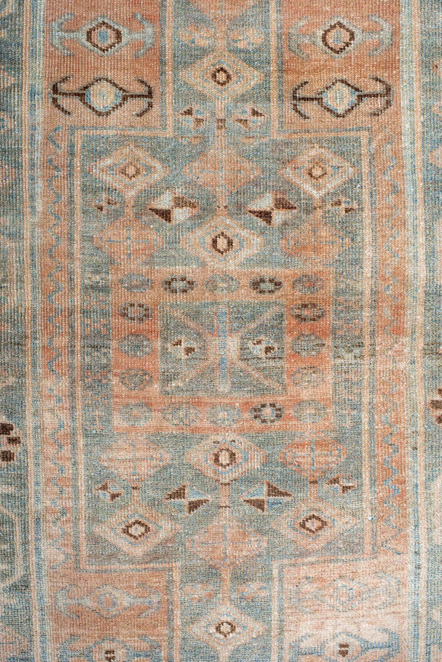 3' x 7' one-of-a-kind handmade antique Bidjar rug. Color palette: sky blue, ivory, blush, taupe, brown, camel, light blue