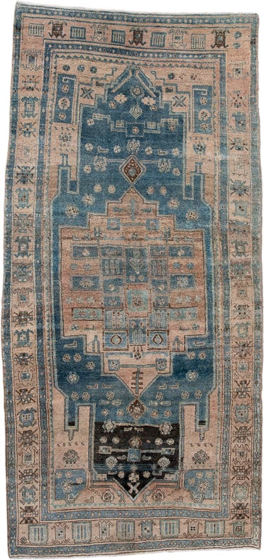 4' x 9' one-of-a-kind handmade antique Bidjar runner rug. Color palette: ivory, sky blue, slate blue, charcoal, taupe, camel