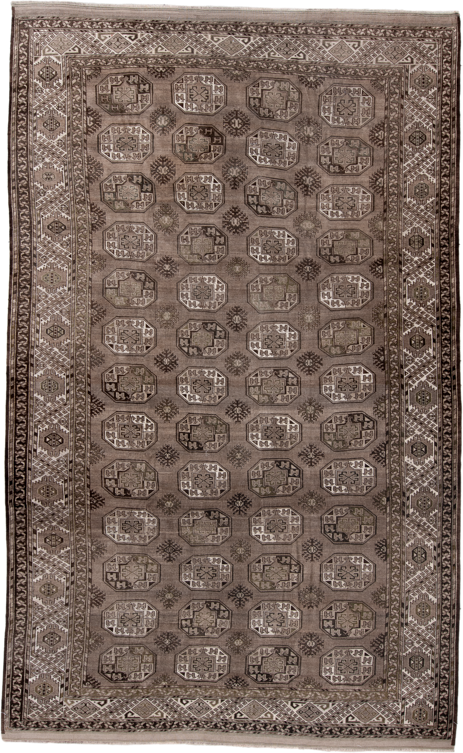7' x 12' one-of-a-kind handmade vintage Afghan large size rug. Color palette: taupe, brown, ivory, charcoal, camel, beige