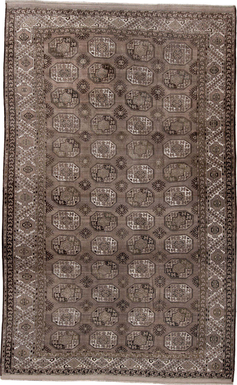 7' x 12' one-of-a-kind handmade vintage Afghan large size rug. Color palette: brown, gainsboro, gray, light gray, off-white