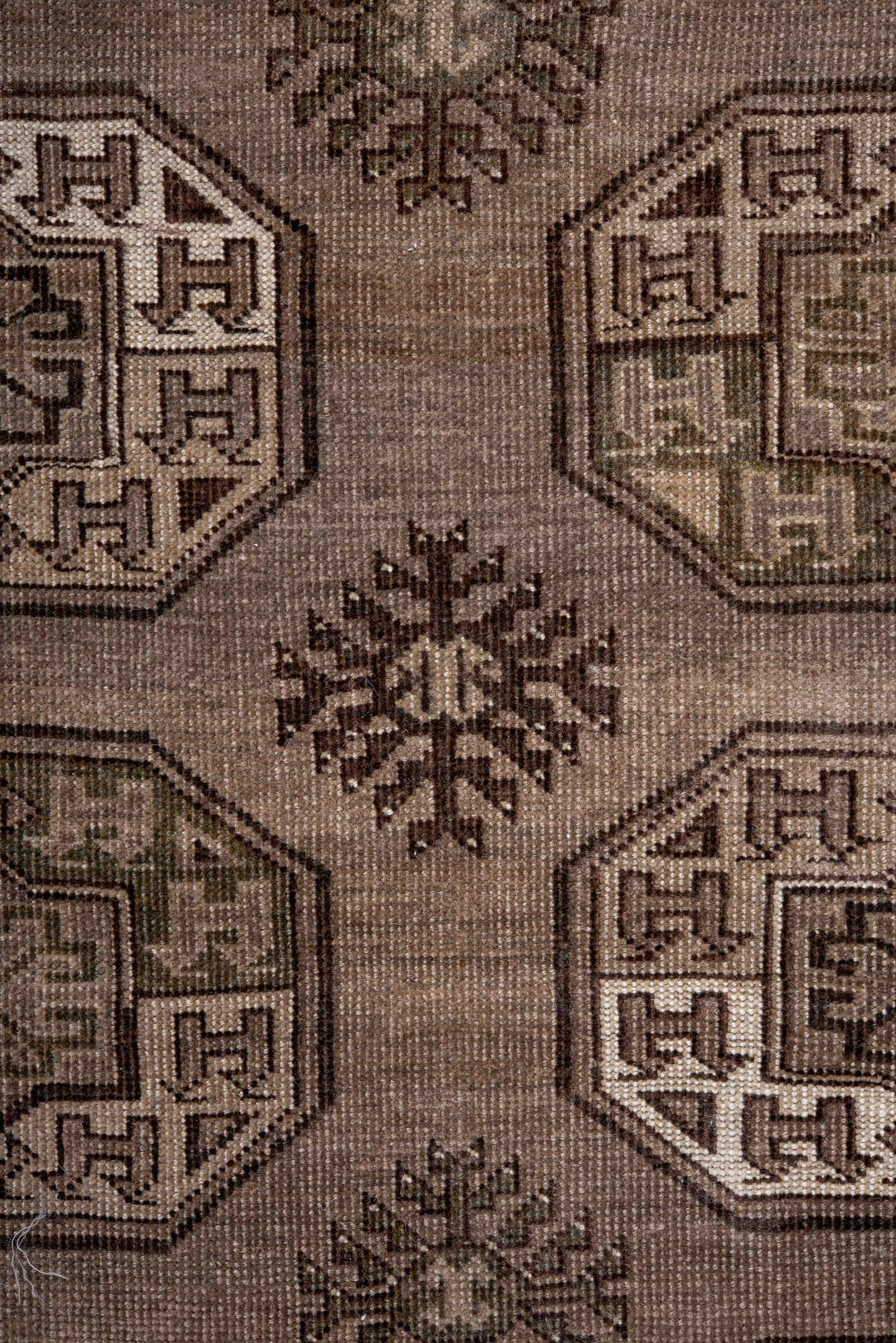 7' x 12' one-of-a-kind handmade vintage Afghan large size rug. Color palette: taupe, brown, ivory, charcoal, camel, beige