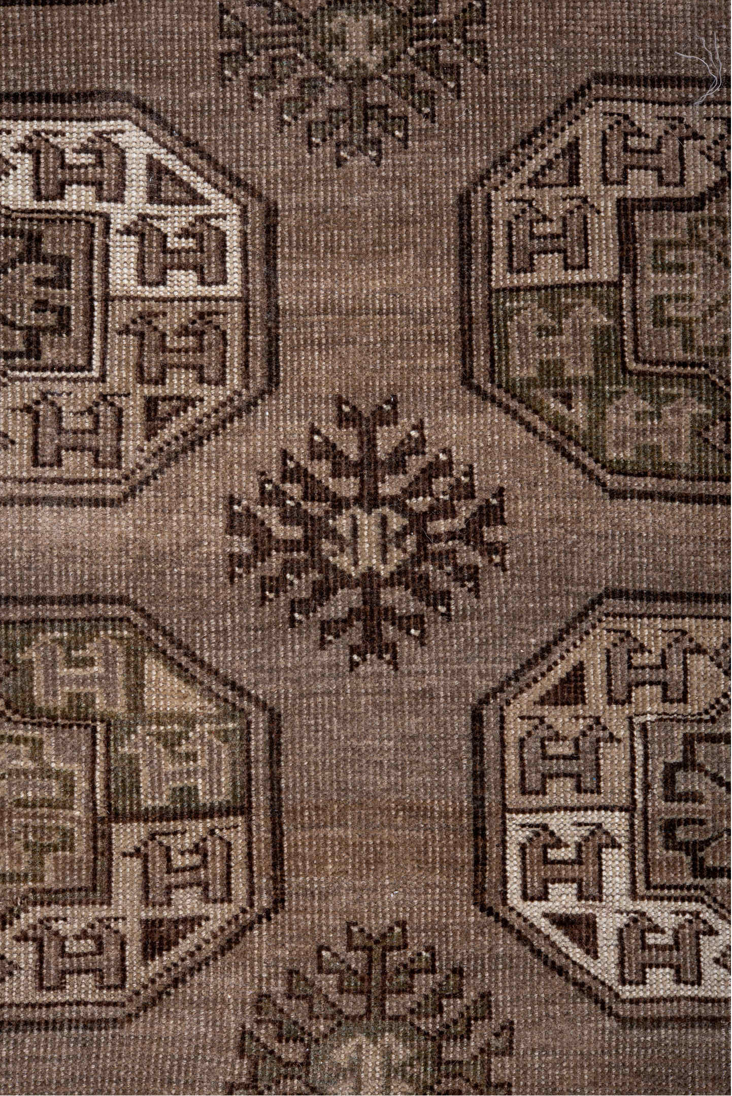 7' x 12' one-of-a-kind handmade vintage Afghan large size rug. Color palette: brown, gainsboro, gray, light gray, off-white
