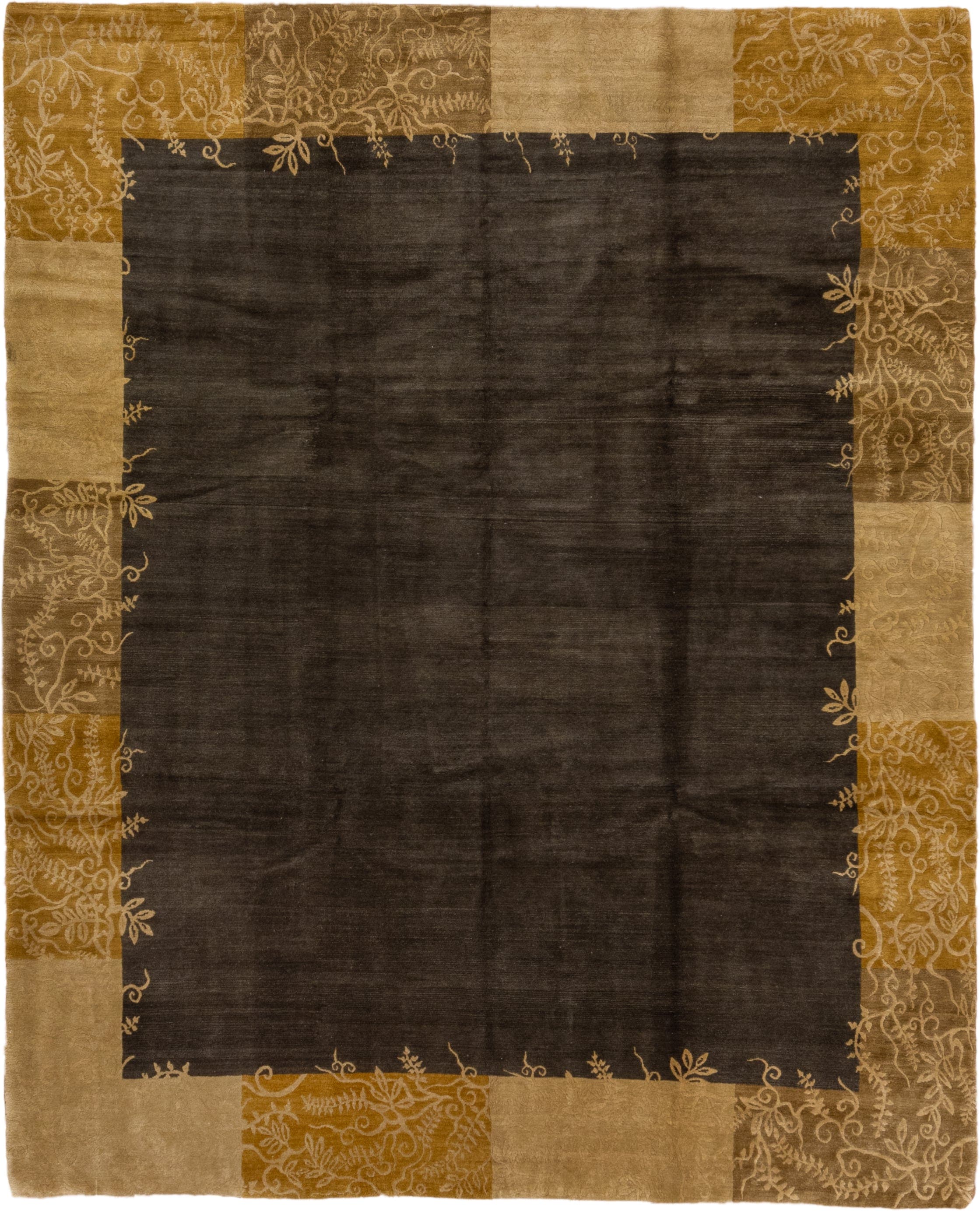 8' x 10' one-of-a-kind handmade vintage Tibetan large size rug. Color palette: charcoal, camel, gold, taupe, brown, ivory