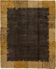 8' x 10' one-of-a-kind handmade vintage Tibetan large size rug. Color palette: charcoal, camel, gold, taupe, brown, ivory