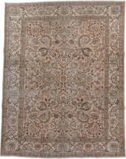 8' x 10' one-of-a-kind handmade antique Tabriz large size rug. Color palette: ivory, beige, taupe, camel, slate, rust, brown