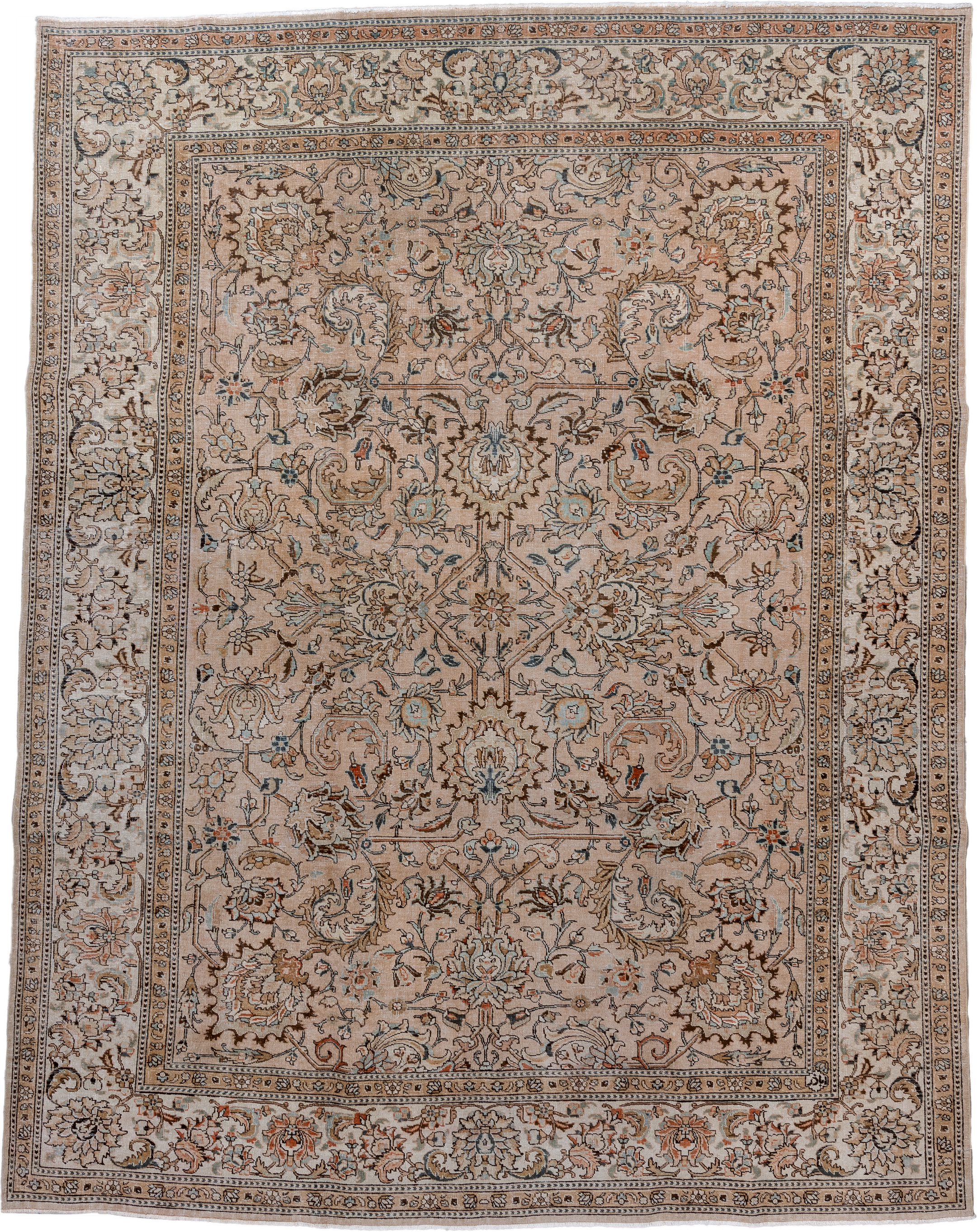 8' x 10' one-of-a-kind handmade antique Tabriz large size rug. Color palette: ivory, beige, taupe, camel, slate, rust, brown