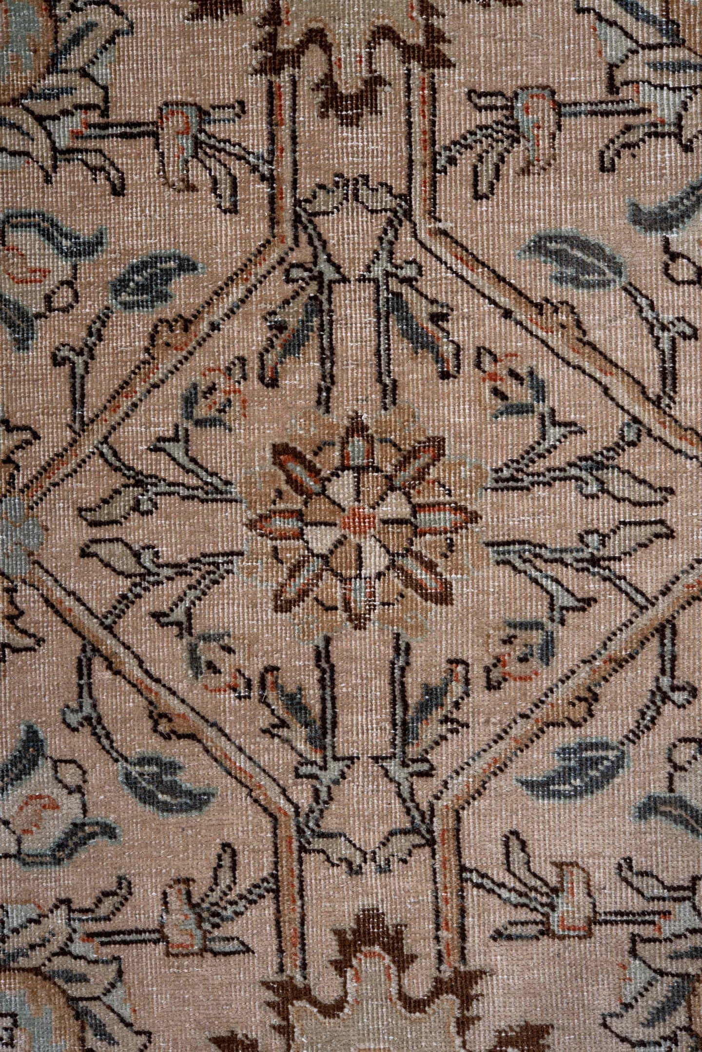 8' x 10' one-of-a-kind handmade antique Tabriz large size rug. Color palette: ivory, beige, taupe, camel, slate, rust, brown