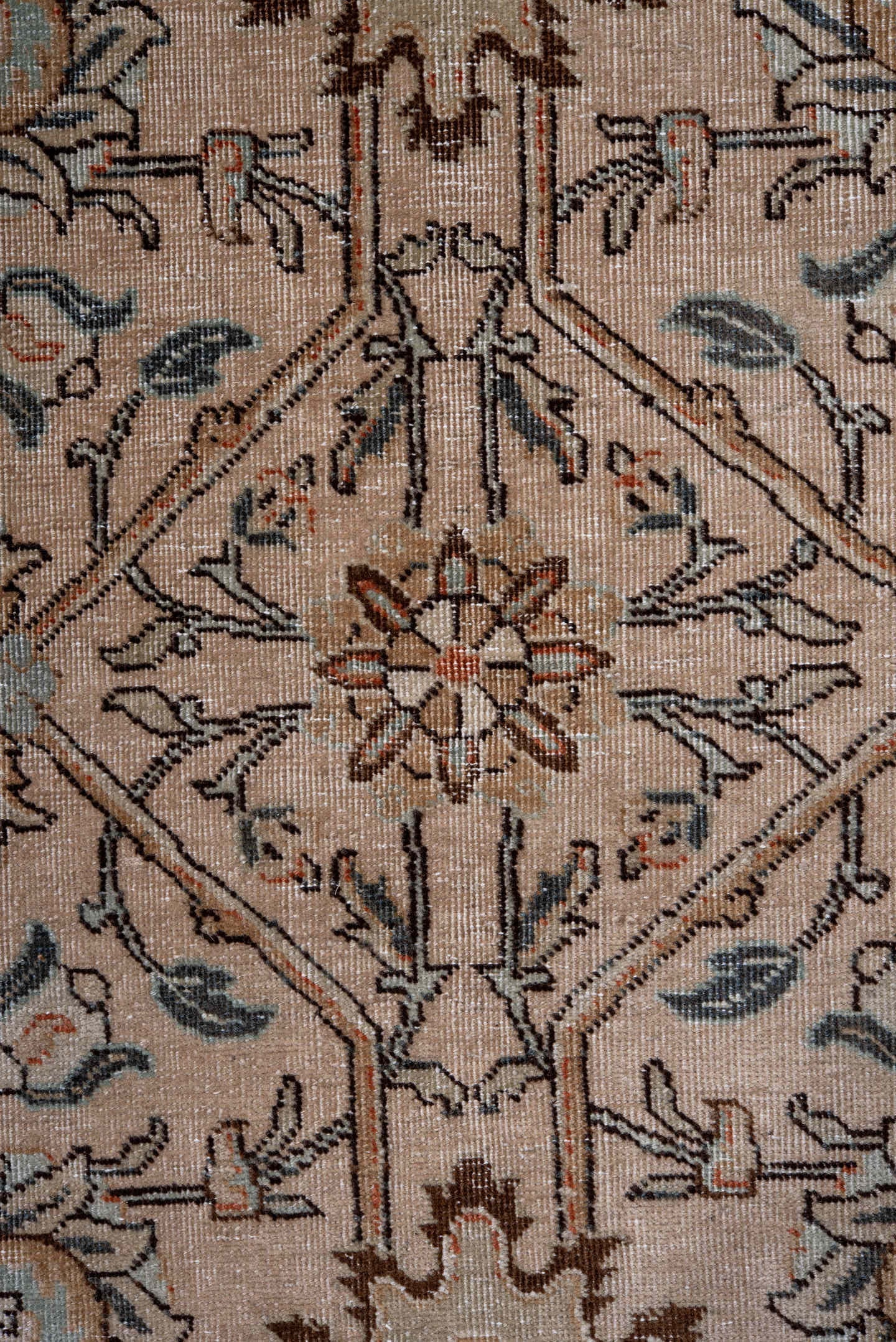 8' x 10' one-of-a-kind handmade antique Tabriz large size rug. Color palette: ivory, beige, taupe, camel, slate, rust, brown