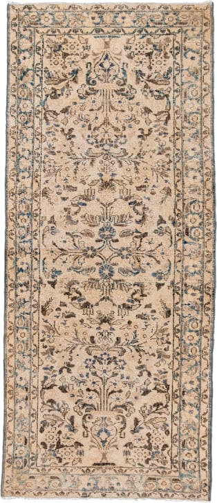 2' x 6' one-of-a-kind handmade antique Lilian runner rug. Color palette: ivory, sky blue, brown, taupe, beige, light blue